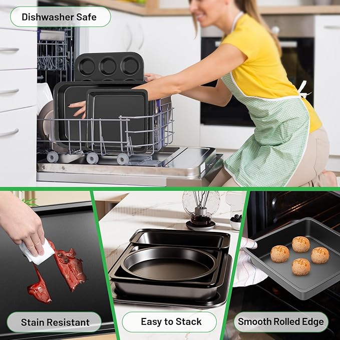 5 Pieces Baking Pans Set, Nonstick Baking Sheet Tray Oven Pans Bakeware Set, Baking Supplies with Round/Square Cake Pan, Muffin Pan, Loaf Pan, Roast Pan, Stackable Baking Sets for Cooking
