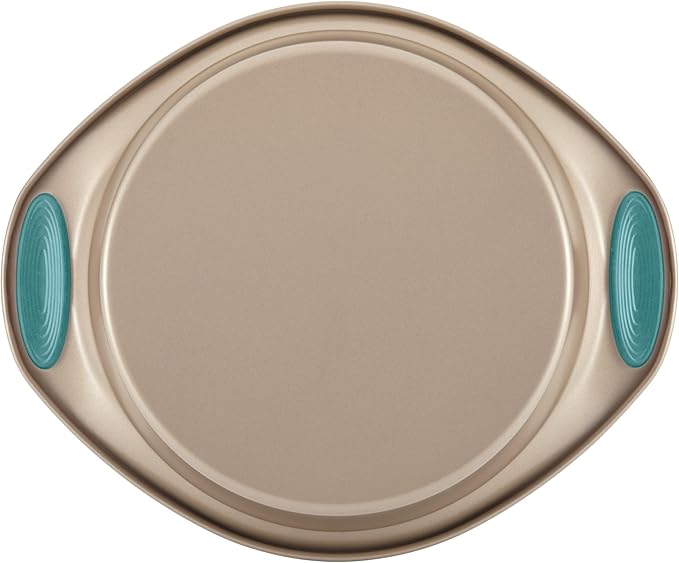 Rachael Ray 47578 Cucina Nonstick Bakeware Set with Grips Includes Nonstick Bread Pan, Baking Sheet, Cookie Sheet, Baking Pans, Cake Pan and Muffin Pan - 10 Piece, Latte Brown with Agave Blue Grips
