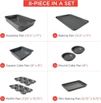 Elbee Home 8-Piece Nonstick Aluminized Steel, Space Saving Baking Set, With Deep Roasting Pan, Cookie Sheet, Cake Pans, Muffin Pans and Baking Pan PFOA & PFOS Free, Holiday Gift for Her