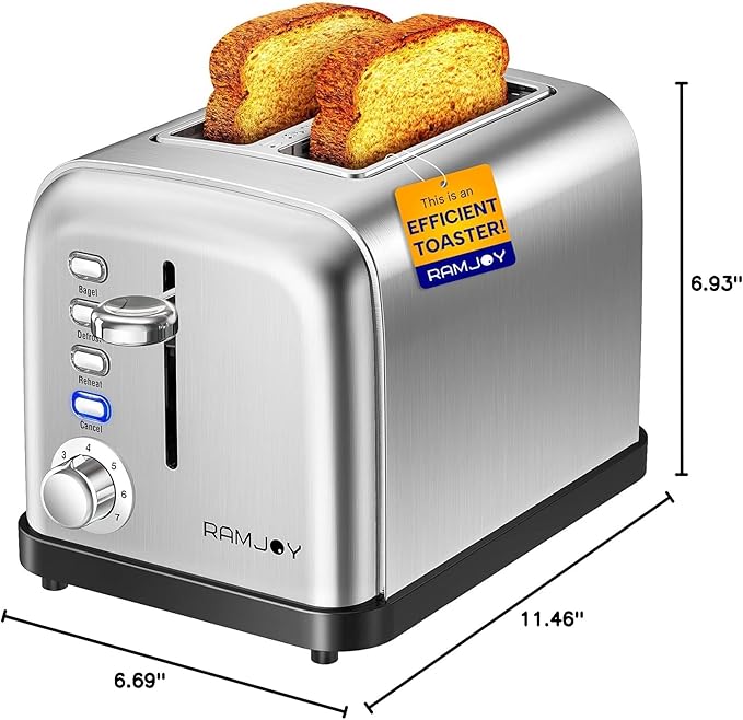 Toaster 2 Slice, Extra Wide Slot Toaster for Bagels, Bread, Waffles, 7 Shade Settings, 4 Main Functions, Removable Crumb Tray, 900 Watts Toasters, Brushed Stainless Steel