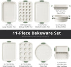 11-Piece Non-Toxic Baking Set, Stackable Nonstick Cookware with Heat-Resistant Handles - Includes Cookie Tray, Round Cake Pan, Muffin Cups, Pizza Pan & Loaf Baker, White&Light Green