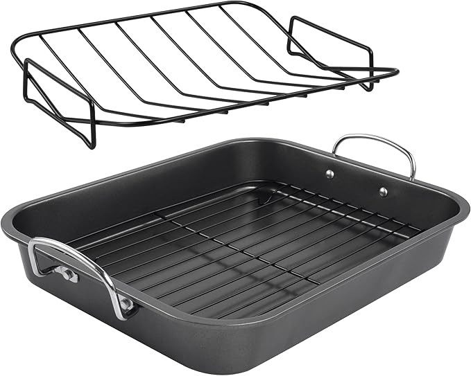 kitCom Nonstick Roasting Pan, Roaster with Rack - 16 Inch Rectangular Grill Suitable for Turkey, Roast Chicken, Ham, Dishwasher Safe (9.5QT)
