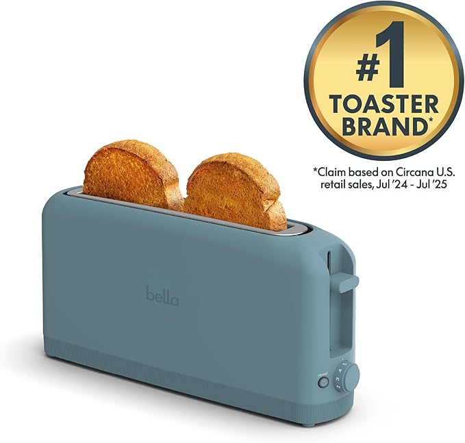 bella 2 Slice Slim Toaster, Fits-anywhere™ Kitchenware, 6 Setting Shade Control with Reheat & Cancel Buttons, Fits Sourdough, 10” Long Slot, Anti Jam & Auto Shutoff, 900 Watt, Surf