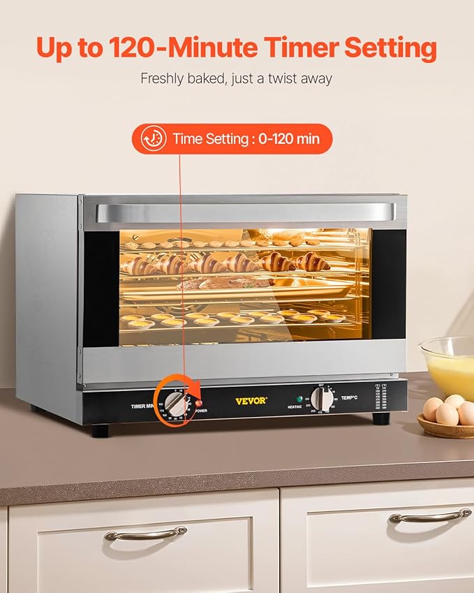 VEVOR Commercial Convection Oven, 47L/43Qt, Half-Size Conventional Oven Countertop, 1600W 4-Tier Toaster w/Front Glass Door, Electric Baking Oven w/Trays Wire Racks Clip Gloves, 120V