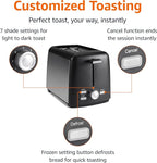 Amazon Basics 2 Slice Toaster, With 7 Browning Settings, Extra Wide Slots For Bagels and Special Breads, Removable Easy-to-Clean Crumb Trays, Cancel/Defrost/Bagel Buttons, 800W, Black & Silver
