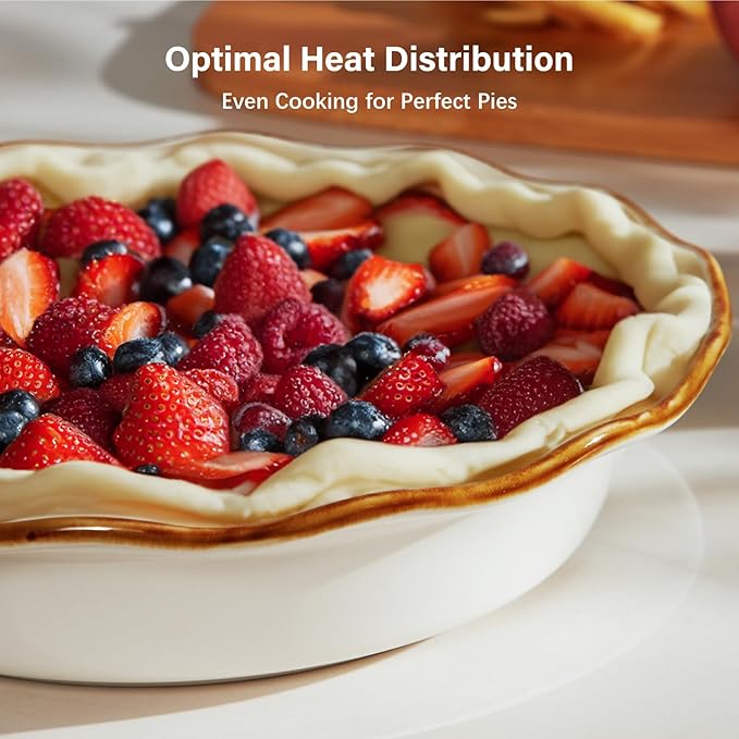 ONEMORE 9-Inch Deep Dish Pie Pan - Ceramic Pizza Pan for Oven, Baking Chicken Pot Pie, Quiche & Tarts - Rustic White Dish for Perfectly Crispy Crust, Large Ruffled Baking Plate