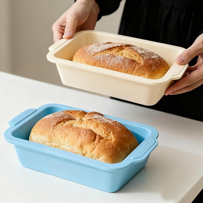 Nonstick Silicone Bread Loaf Pan: 9.5 x 5 Inch Bread Pan for Homemade Rye with Metal Frame - Loaf Mold for Baking Oven - Housewife Baker Home Baking Enthusiasts (Beige & Mint Green)