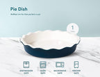 KooK Deep Dish Pie, Pecan Dessert Dish, Porcelain, Ceramic, Deep Dish Plate 10 Inch, Apple Pie, Ruffled Wave Edge, Reusable Round Pan, Oven and Dishwasher Safe, 44 Oz (Navy)
