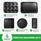 5 Pieces Baking Pans Set, Nonstick Baking Sheet Tray Oven Pans Bakeware Set, Baking Supplies with Round/Square Cake Pan, Muffin Pan, Loaf Pan, Roast Pan, Stackable Baking Sets for Cooking