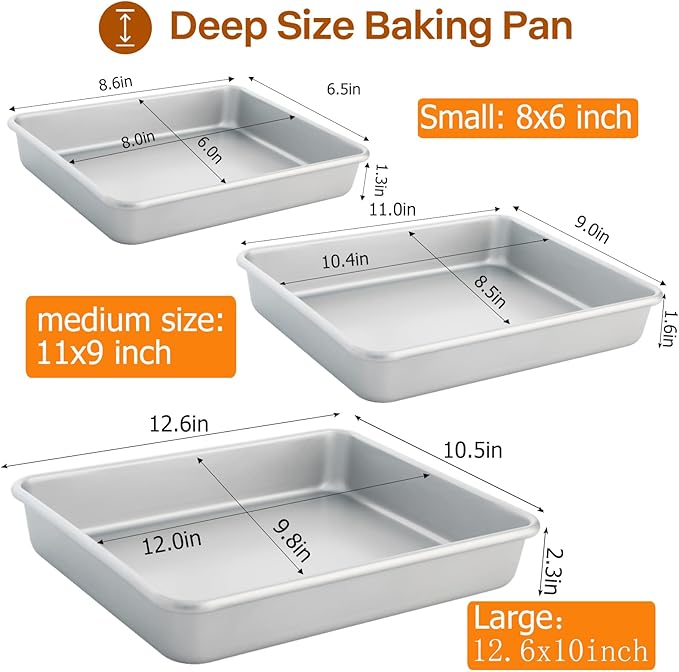 Deep Baking Pans Set of 3, Rectangle Cake Pan Nonstick, Heavy Duty Thick Bakeware Lasagna Pan for Toaster Oven, 9/11/13 Inch Tray for Brownie, Siliver