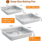 Deep Baking Pans Set of 3, Rectangle Cake Pan Nonstick, Heavy Duty Thick Bakeware Lasagna Pan for Toaster Oven, 9/11/13 Inch Tray for Brownie, Siliver