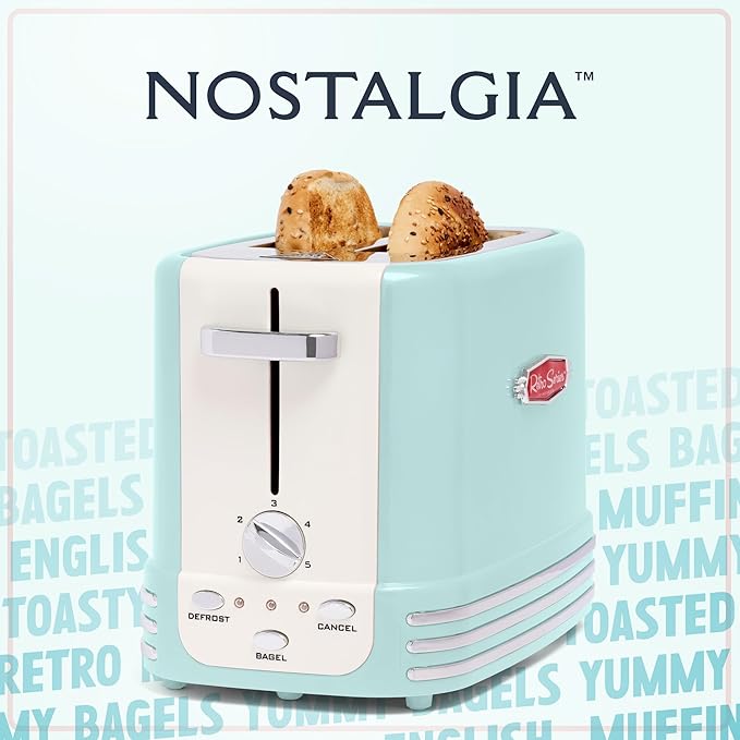 Nostalgia New and Improved Wide 2-Slice Toaster Perfect For Bread, English Muffins, Bagels, 5 Browning Levels, With Crumb Tray & Cord Storage, Aqua