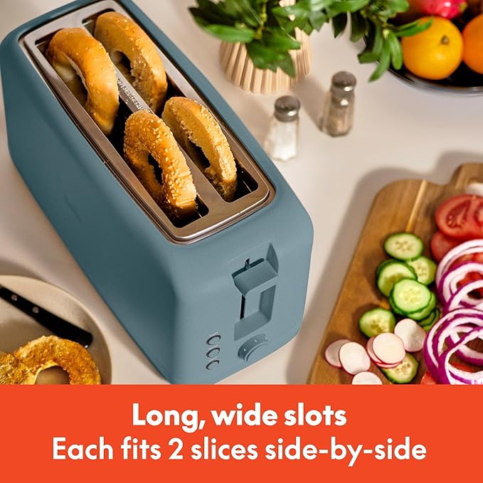 bella 4 Slice Slim Toaster, Fits-anywhere Kitchenware, 6 Setting Shade Control with Reheat & Cancel Buttons, Fits Sourdough, 10” Long Slot, Anti Jam & Auto Shutoff, 900 Watt, Surf