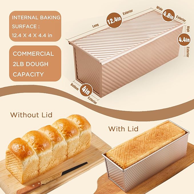 KITESSENSU Pullman Loaf Pan with Lid, 2Lb Dough Capacity Non-Stick Bakeware for Baking Bread, Sandwich & Toast Oven Baking, Gold