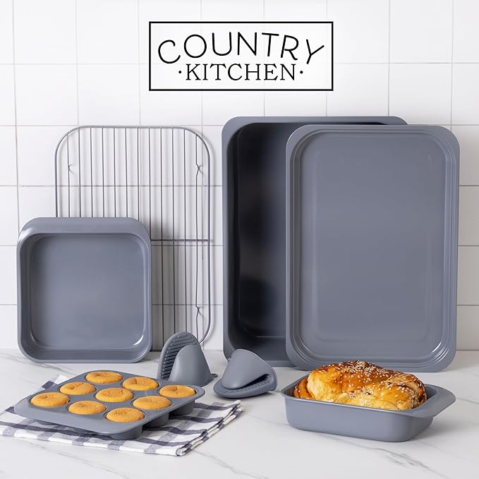 Country Kitchen Nonstick Stackable Bakeware Set - Deluxe Heavy Duty, Durable, Easy Release Baking Set, 8 Pcs, Grey