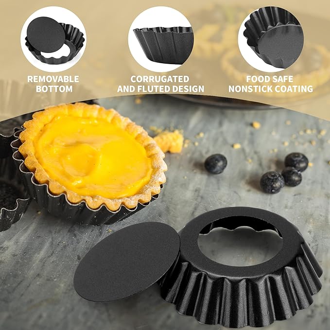 12 pcs Egg Tart Molds, 3" Mini Tart Pans Removable Bottom, Cupcake Cake Muffin Mold Tin Pan Baking Tool, Reusable Quiche Bakeware Carbon Steel for Pies, Quiche, Cheese Cakes, Desserts