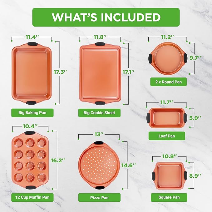 NutriChef 8-Piece Baking Pans Set - Nonstick Bakeware Set w/Silicone Handles, Includes 12 Cup Muffin, Round Cake, Pizza, Loaf & Square Pan, & Cookie Sheet - Dishwasher Safe & Easy Cleanup - Copper