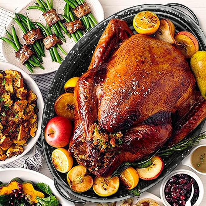 Granite Roasting Pan, 18” Enameled Roasting Pan with Domed Lid. Oval Turkey Roaster Pot, Broiler Pan Great for Turkey, Chicken, Lamb, Vegetable. Dishwasher Safe Cookware Fit for 18Lb Turkey by Kendane