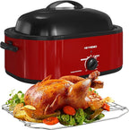 18 Quart Roaster Oven with Self-Basting Lid, Large Electric Turkey Roaster Oven with Defrost & Warm Function, Adjustable Temperature, Removable Pan & Rack, Stainless Steel, Red