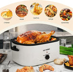 24Qt Turkey Roaster Oven Buffet with Self-Basting Lid, 1450W Electric Roaster Oven with Cool-Touch Handles, Removable Pan and Rack, Stainless Steel, White
