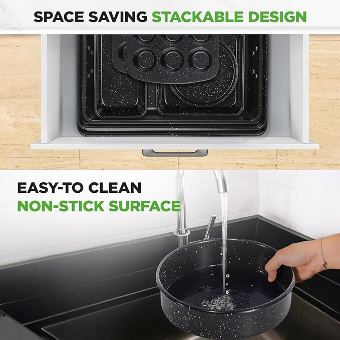 NutriChef 8-Piece Stackable Bakeware Set - Carbon Steel Non-Stick Baking Pan Set, Sheet, Muffin, Round, Loaf, Square Cake & Deep Pans, 450°F Heat Resistant, Standard & Convection Ovens (Black Marble)