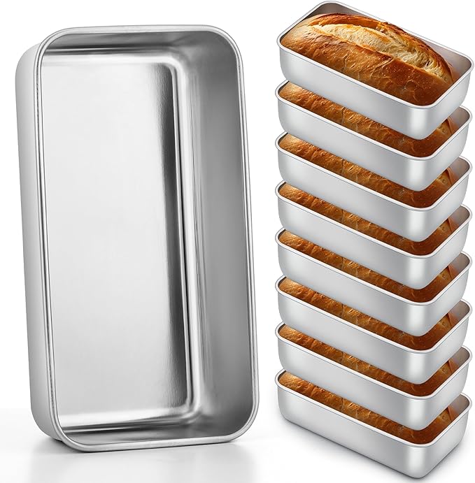 E-far 8 Pack Stainless Steel Loaf Pans, 9x5 Inch Bread Bread Pans, Metal Bakeware for Baking Bread Cake Meatloaf Brownies, Healthy & Non Toxic, Easy Release & Dishwasher Safe