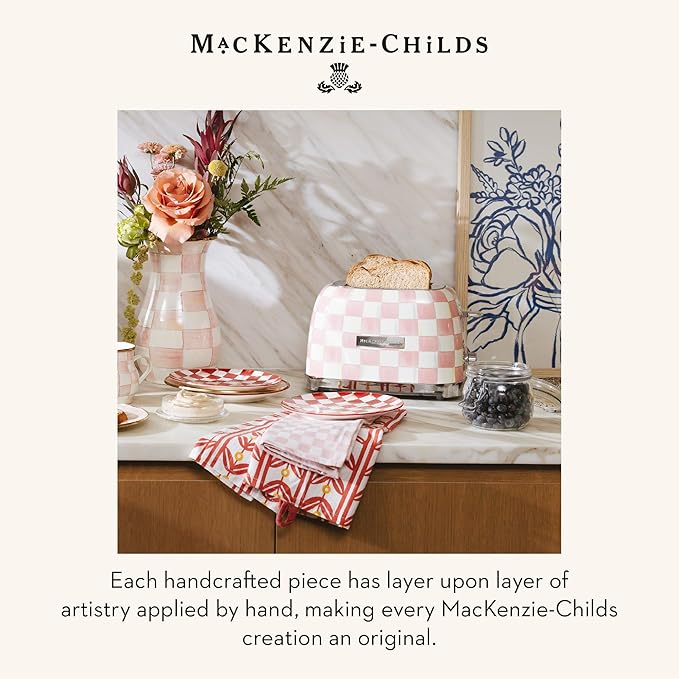 MACKENZIE-CHILDS 2-Slice Toaster, Decorative Toaster for Kitchen, Pink-and-White Rosy Check