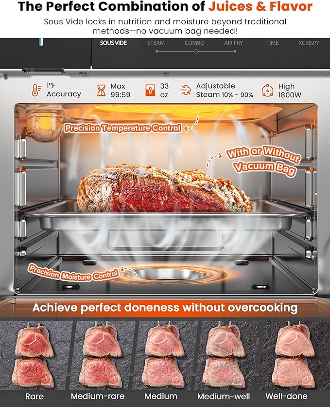 Nuwave Combi Steam Oven, Non-Toxic Stainless Steel Multi-Cooker with Air Fry, Steam, Sous Vide, Toast & More, 50-450°F Precision, 120 Presets, Moisture Control, Programmable, Easy to Clean