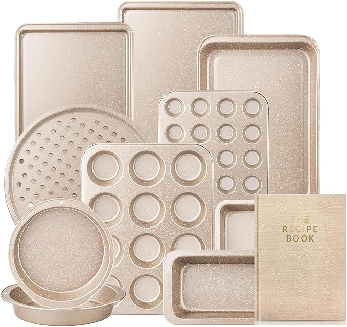 11 Piece Baking Set | Nonstick & Non Toxic Bakeware Sets Baking Pans Set | Carbon Steel Baking Supplies Include Notebook, Cookie Sheets, Roasting Pan, Muffin Pan, Cake Pan, Pizza Pan, Loaf Pan
