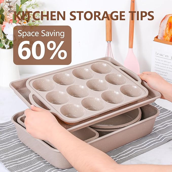 Vinino 6-Piece Baking Pans Set Nonstick, Bakeware Set includes Silicone Muffin, Loaf, Cake Pans with Metal Reinforced Frame. And includes Carbon Steel Roasting Pan, Cookie Sheet for Oven