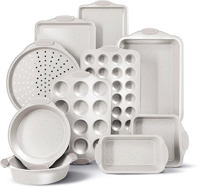 Country Kitchen Nonstick Stackable Bakeware Set - Heavy Duty, Durable, Easy Release Baking Set, Cream, 10 Pcs