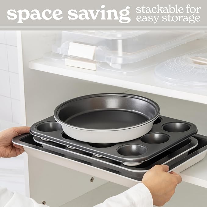 Country Kitchen Baking Pans Set - 10 Piece Non-Stick Cake Pans with Carry Lids for Easy Storage & Travel, Perfect for Parties - Stackable, Cream