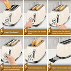 SUSTEAS Toaster 4 Slice Wide Slot, Stainless Steel Bread Bagel Toasters, Retro Long Slot Tostadora for Defrost, Reheat, Removable Crumb Tray, 1500W, 6 Browning Settings, Beige