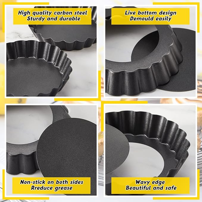 Tessco 16 Pieces Mini Tart Pans with Removable Bottom Nonstick Quiche Mini Pie Tart Pans Bakeware Mold Fluted Side for Pies(Black Round and Rectangle,4 Inch and 4.33 x 2.36 x 0.79 Inch)