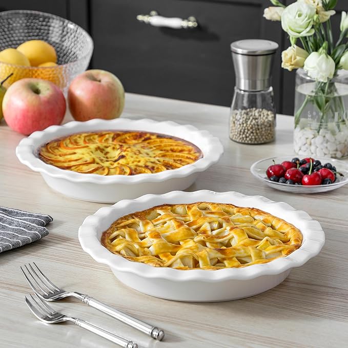 MALACASA Ceramic Pie Pan Set of 2, 9 inch, 40 oz Round Pie Dishes with Fluted Edges, Non Stick, For Quiche, Apple Pies, Pot Pies & More