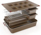 Elbee Home 8-Piece Nonstick Space Saving Bread Baking Pan Set - Includes Large Roasting Pan - Bread Loaf Pan - Baguette Pan - Cooling Rack - 8-Cavity Mini Loaf Pan Aluminized Steel - PFOA & PFOS Free