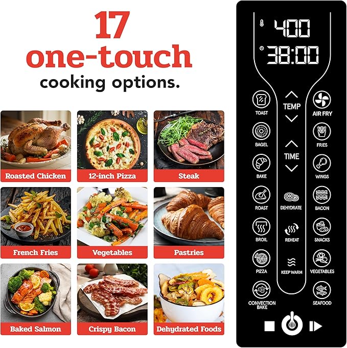 Gourmia Toaster Oven Air Fryer Combo 17 cooking presets 1700W french door digital air fryer oven 24L capacity accessories, convection rack, baking pan tray recipe book GTF7460,Large,Black