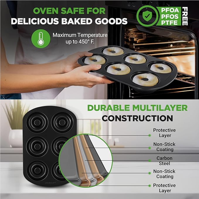 NutriChef Nonstick Donut Pans for Baking | 6 Durable & Easy to Clean Doughnut Molds | Fits Full-Sized Doughnuts | Oven Safe Up To 450F | Bake Perfect Donuts & Bagels | 12.5 x 8.5 Donut Trays | 2 Pack