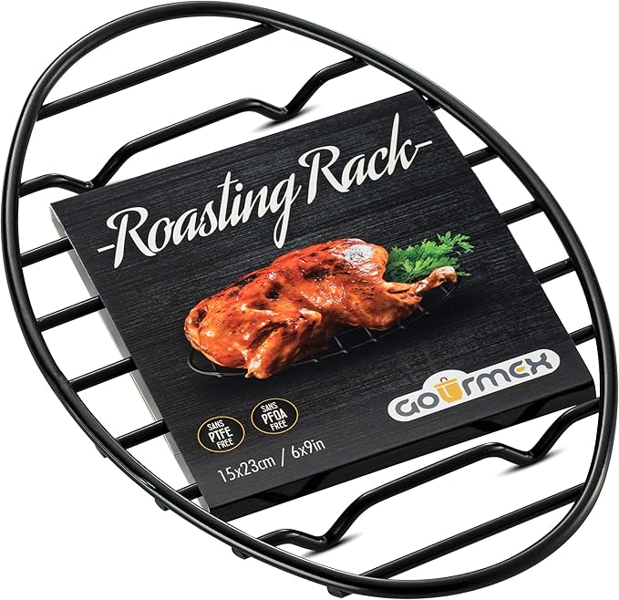 GOURMEX Black, Oval Oven Roasting Rack with Integrated Feet | Ideal for Cooking, Baking, Roasting, Cooling and Grilling | Non-Stick Coating, PTFE Free | Oven and Dishwasher Safe Rack (6 x 9")