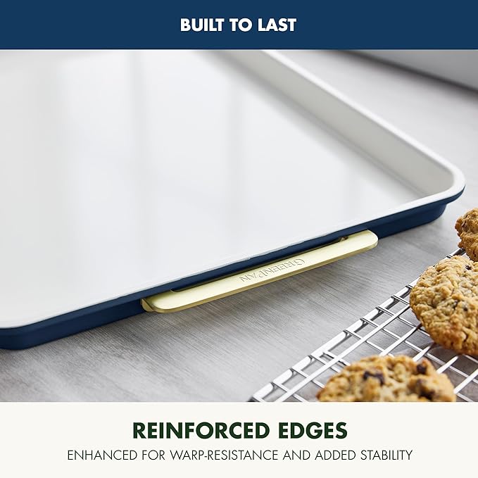 GreenPan Bakeware 13"x18" Half Baking Sheet Pan, Ceramic Nonstick Baking Pan, PFAS & BPA Free, Gold Handles, Durable Steel, Versatile & Space Saving Ovenware, Freezer to Oven Dish, Oxford Blue