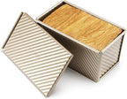 monfish Pullman Loaf Pan w Cover Bread Toast Mold corrugated loaf Pan w lid 1lb dough Alluminumed Steel Non Stick Gold (8.5X4.75X4.375INCH)