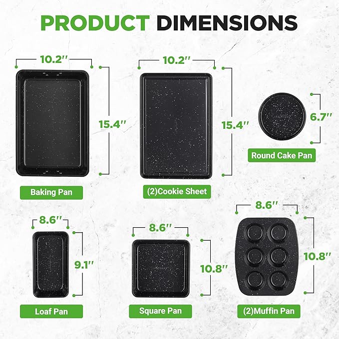 NutriChef 8-Piece Stackable Bakeware Set - Carbon Steel Non-Stick Baking Pan Set, Sheet, Muffin, Round, Loaf, Square Cake & Deep Pans, 450°F Heat Resistant, Standard & Convection Ovens (Black Marble)