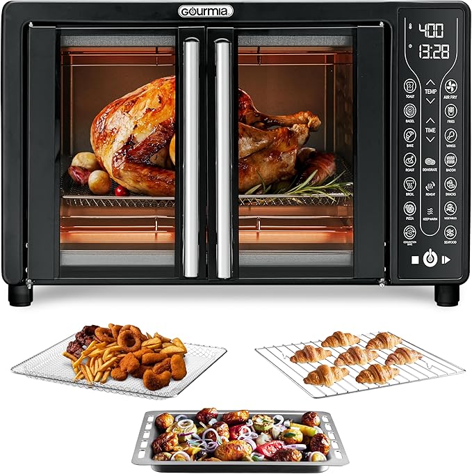 Gourmia Toaster Oven Air Fryer Combo 17 cooking presets 1700W french door digital air fryer oven 24L capacity accessories, convection rack, baking pan tray recipe book GTF7460,Large,Black