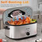 HEYNEMO Turkey Roaster Electric, 24 Quart Oven with Self-Basting Lid, Removable Pan and Rack, Adjustable Temperature Control Powerful 1450W Stainless Steel Oven, Silver