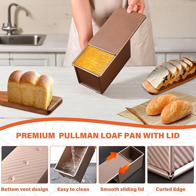 2 Pack Pullman Loaf Pan with Lid, 1 lb/0.5 lb Dough Capacity for Homemade Bread, Non-stick Corrugated Carbon Steel Bread Toast Box with Cover for Bakeware, Sandwich & Toast Oven Baking, Gold