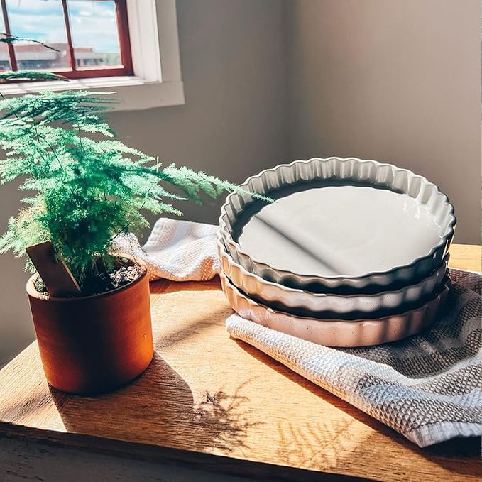 MORA Ceramic Tart Pan, 9.5 Inch Large Porcelain Baking Dish for Tarts, Quiche, Pie, Flan etc. Fluted Ruffled Edge, Oven, Microwave, Freezer, and Dishwasher safe - Great Gift For Bakers - Earl Grey
