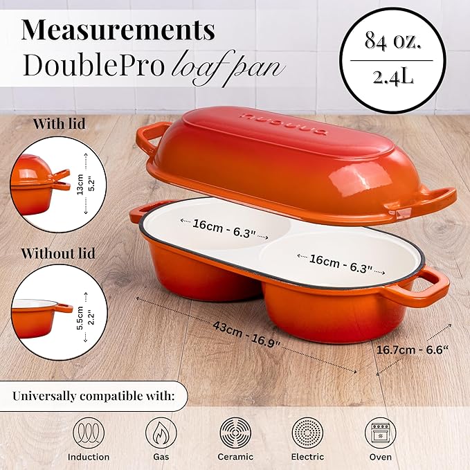 Dutch Oven For Sourdough Bread Baking – Enamelled Cast Iron Bread Loaf Pot – 500°F Oven Safe Non Stick Bread Pot – Double Round Loaf Space, 16.5cm Diameter, Orange, – by Nuovva