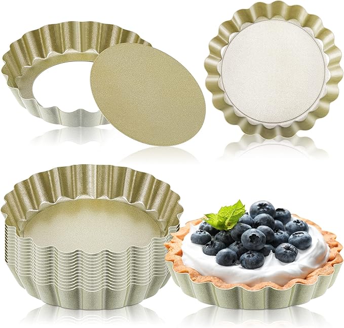 Tessco 16 Pieces Mini Tart Pans with Removable Bottom Nonstick Quiche Mini Pie Tart Pans Bakeware Mold Fluted Side for Pies(Gold Round,4 Inch)