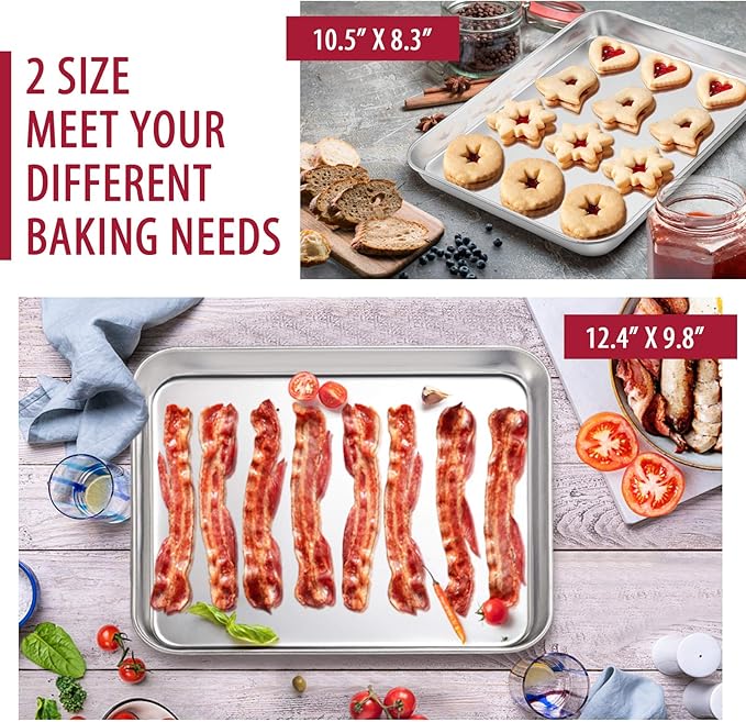 E-far 12-Piece Stainless Steel Bakeware Sets, Metal Baking Pan Set Include Round Cake Pans, Square/Rectangle Baking Pans with Lids, Cookie Sheet, Loaf/Muffin/Pizza Pan, Non-toxic & Dishwasher Safe