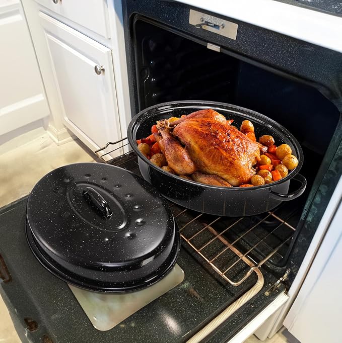 TOPZEA Granite Roasting Pan with Lid, 18" x 12.5" Turkey Roaster Pan Enameled on Steel Nonstick, Covered Oval Roaster Pot Oven Broiler Pan Cookware for Turkey, Chicken, Ham Meat Roast, Dishwasher Safe